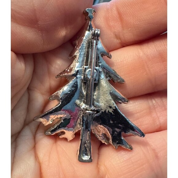 Vintage Silver Tone Christmas Tree Brooch Blue Rhinestones Holiday Pin - Picture 3 of 5
